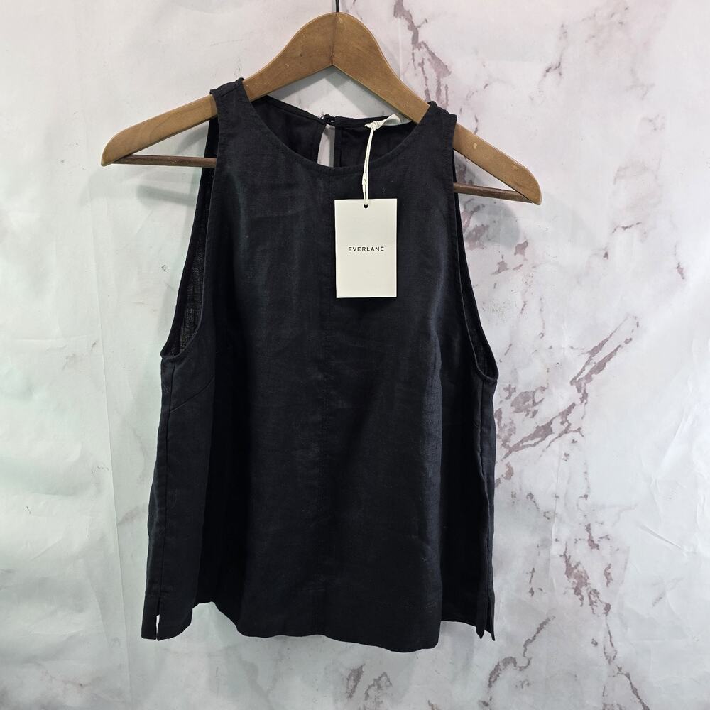 Everlane Tank Top Womens 0 XS Linen Black High Neck Shirt European Keyhole